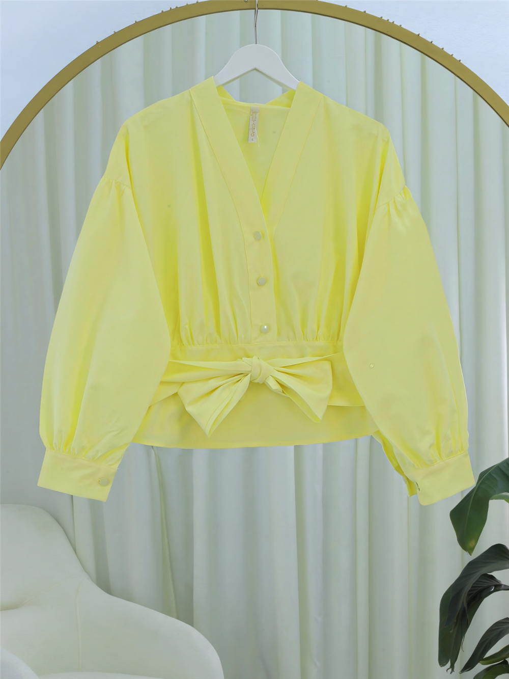 Yarım Düğmeli Beli Kuşaklı Poplin Gömlek -Açık Sarı-398-1049-R75