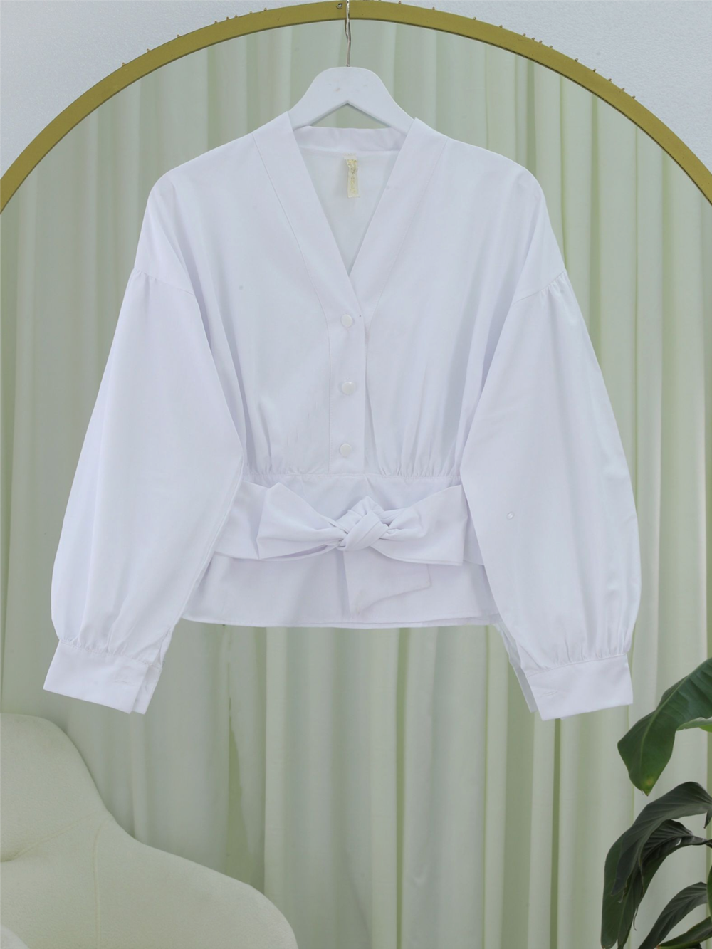 Yarım Düğmeli Beli Kuşaklı Poplin Gömlek -Beyaz-398-1049-R02