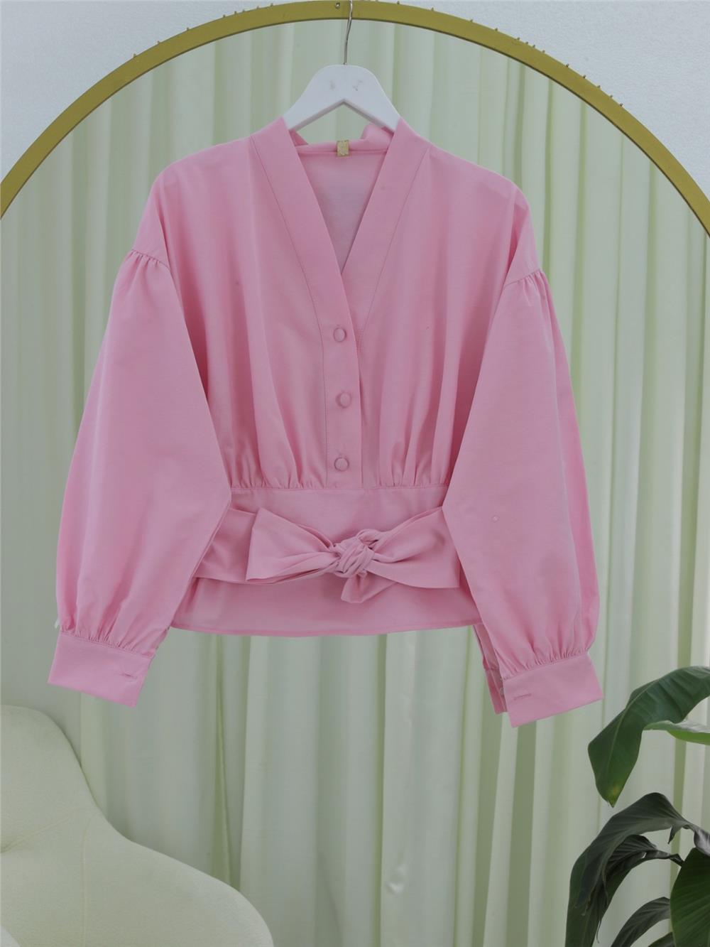 Yarım Düğmeli Beli Kuşaklı Poplin Gömlek -Pudra-398-1049-R06