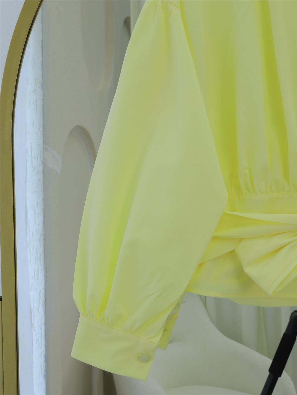 Yarım Düğmeli Beli Kuşaklı Poplin Gömlek -Açık Sarı-398-1049-R75