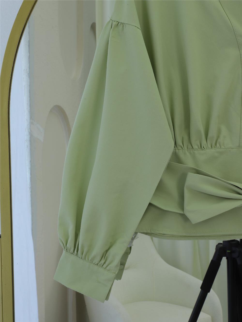 Yarım Düğmeli Beli Kuşaklı Poplin Gömlek -Su Yeşili-398-1049-R36