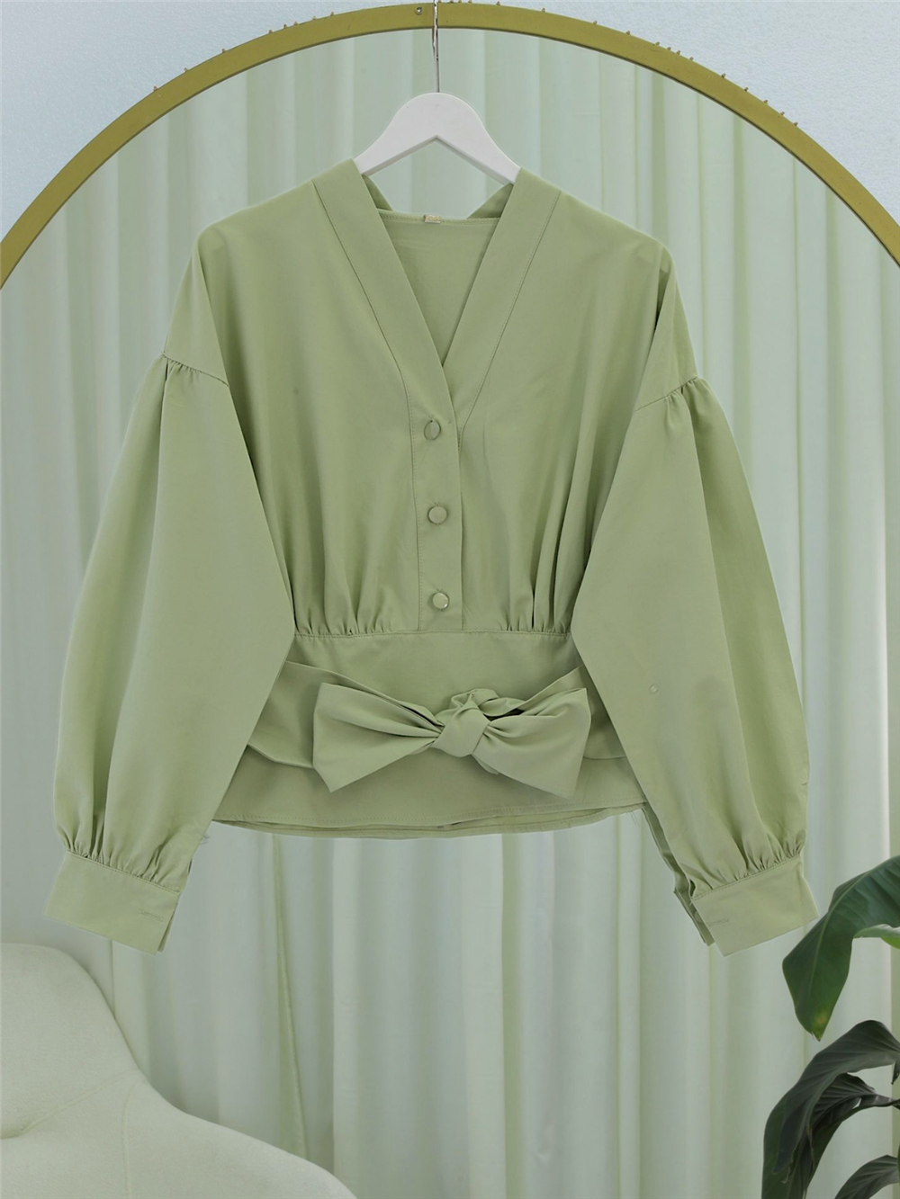 Yarım Düğmeli Beli Kuşaklı Poplin Gömlek -Su Yeşili-398-1049-R36
