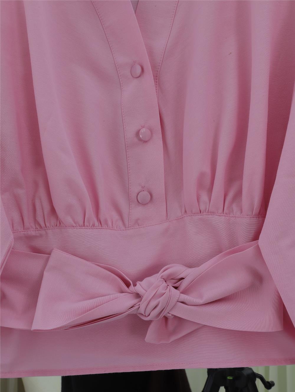 Yarım Düğmeli Beli Kuşaklı Poplin Gömlek -Pudra-398-1049-R06
