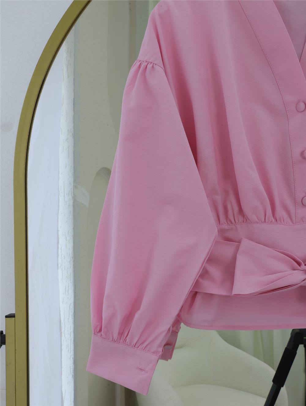 Yarım Düğmeli Beli Kuşaklı Poplin Gömlek -Pudra-398-1049-R06