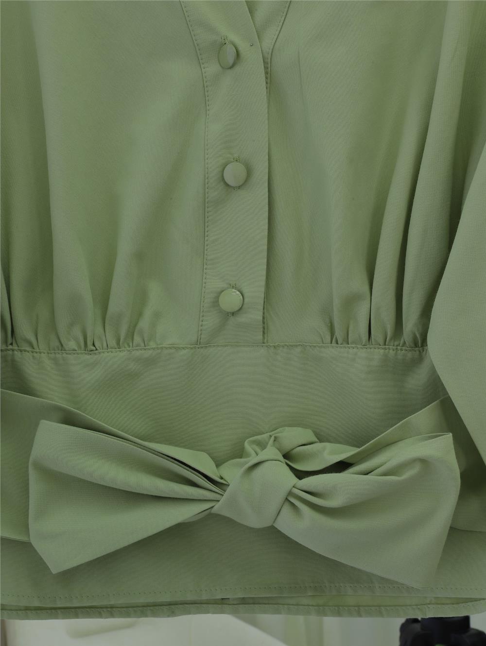 Yarım Düğmeli Beli Kuşaklı Poplin Gömlek -Su Yeşili-398-1049-R36