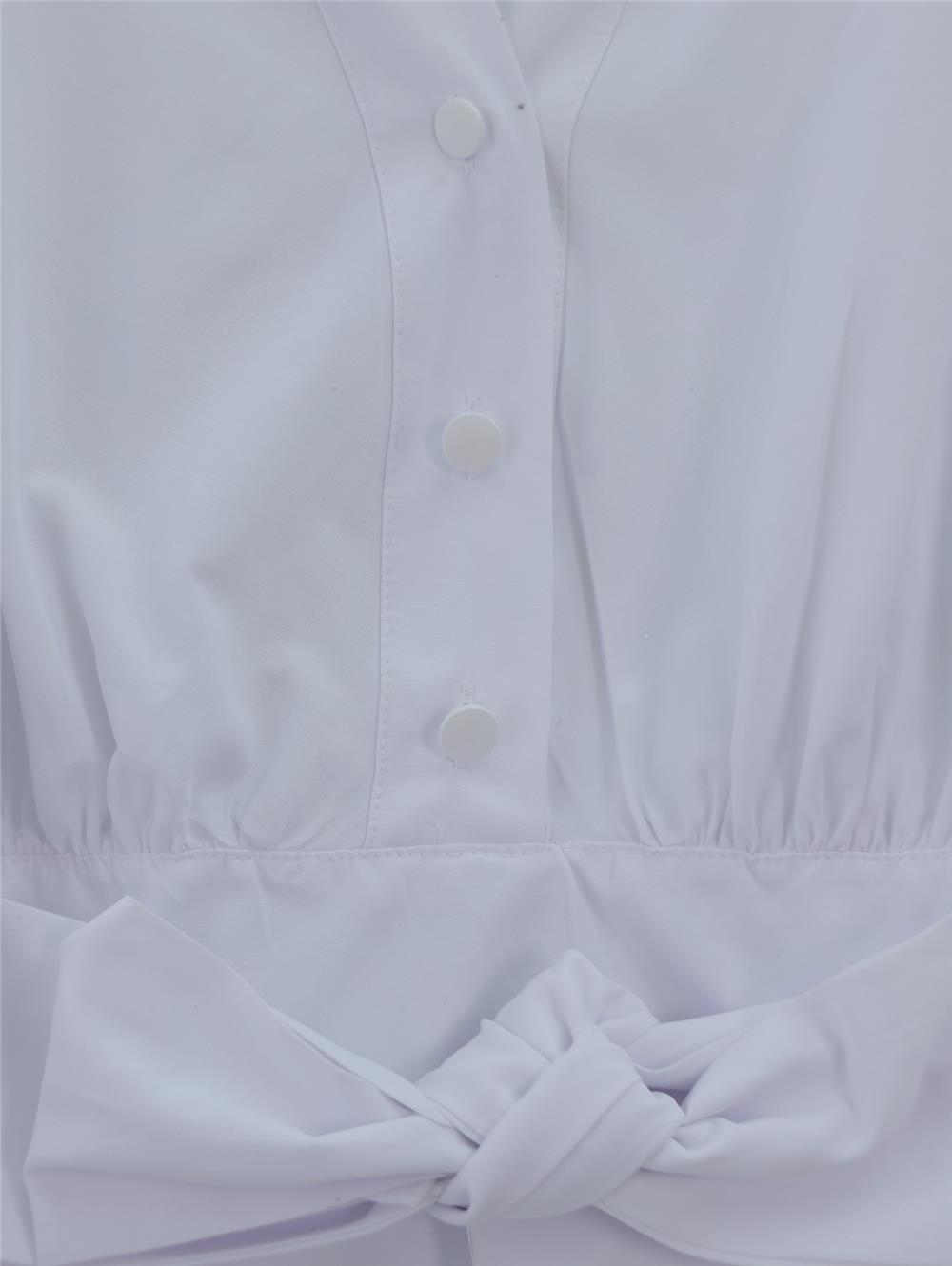 Yarım Düğmeli Beli Kuşaklı Poplin Gömlek -Beyaz-398-1049-R02