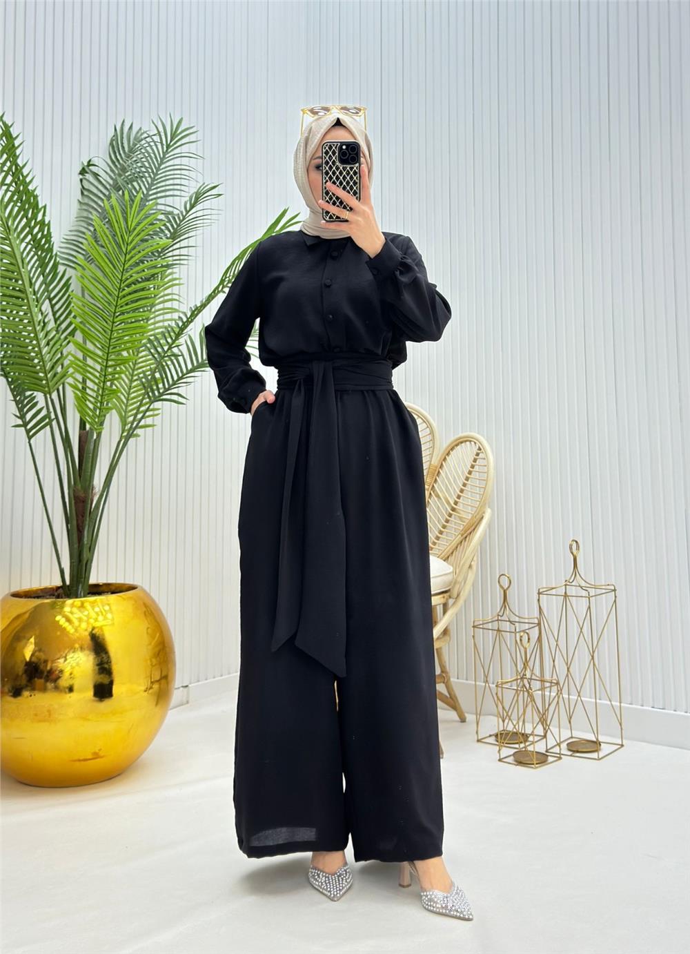 Yarım Düğmeli Kemerli Beli Lastikli Tulum -Siyah-319-10047-R01