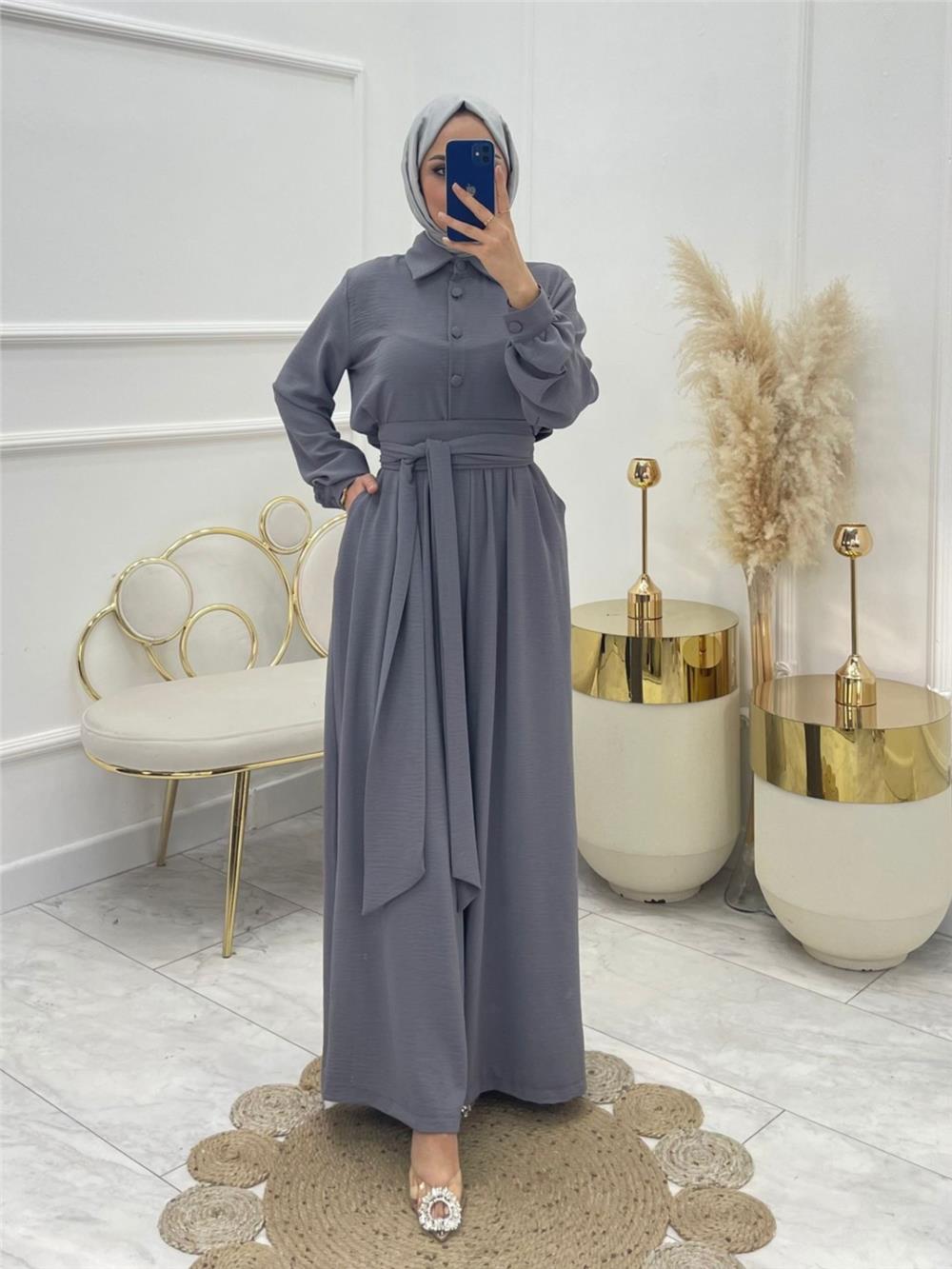 Yarım Düğmeli Kemerli Beli Lastikli Tulum -Gri-319-10047-R11