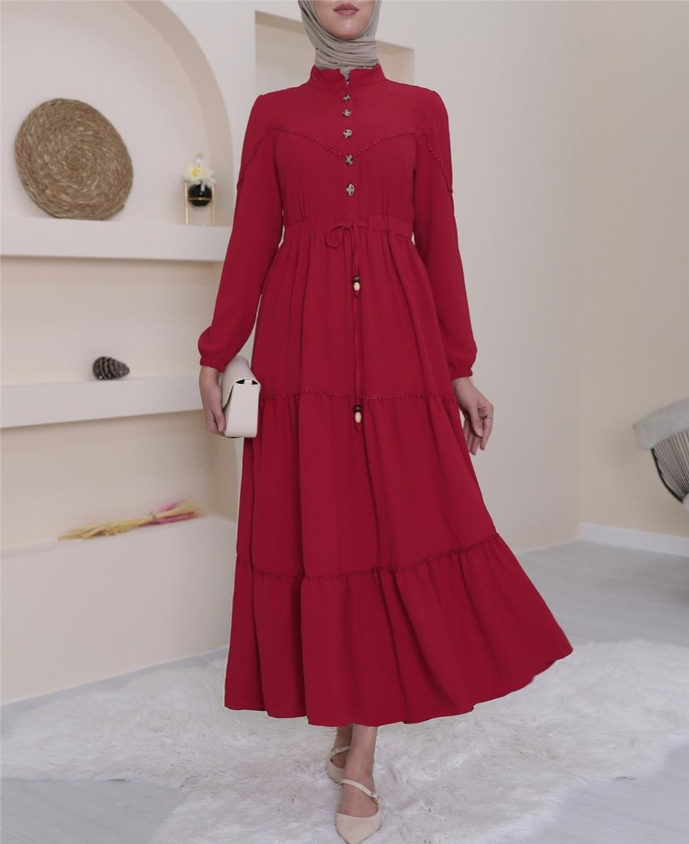 Half Buttoned Piece Lace Dress -Red-186-596-R33