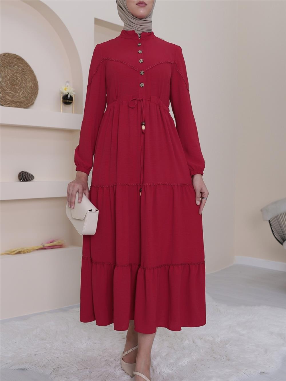 Half Buttoned Piece Lace Dress -Red-186-596-R33