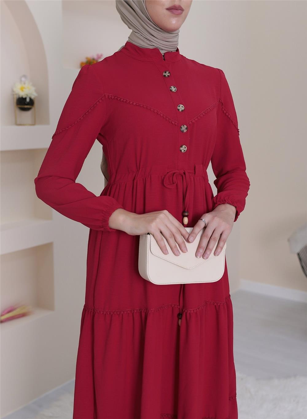 Half Buttoned Piece Lace Dress -Red-186-596-R33