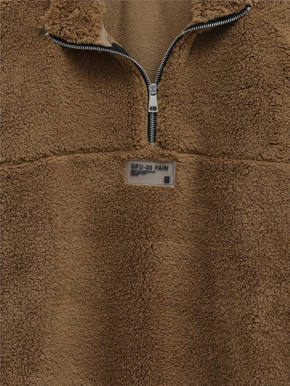 Half Zipper Embroidered Plush Sweat - Brown-104-1278-R15