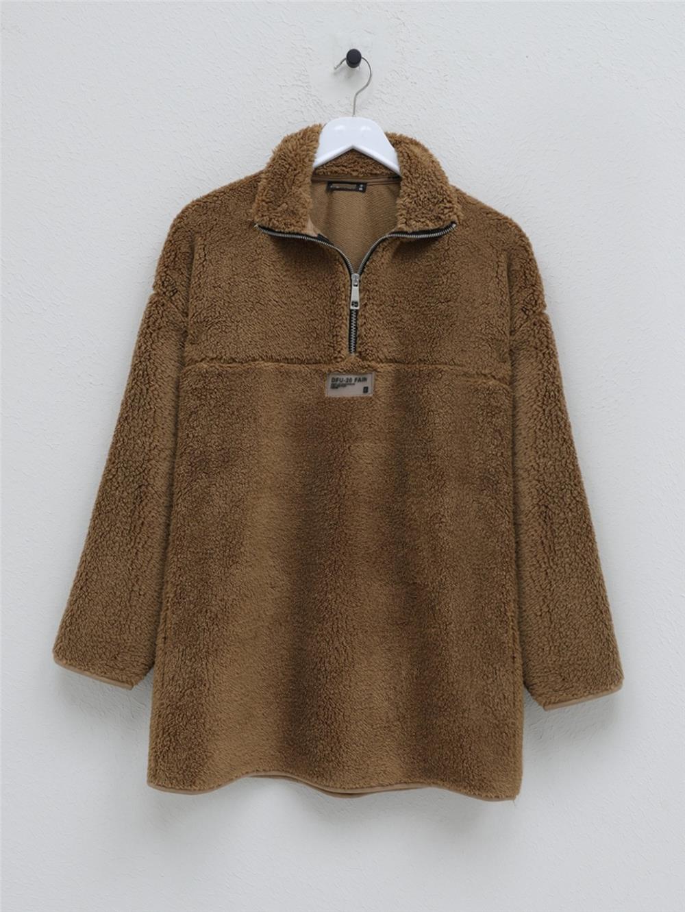 Half Zipper Embroidered Plush Sweat - Brown-104-1278-R15