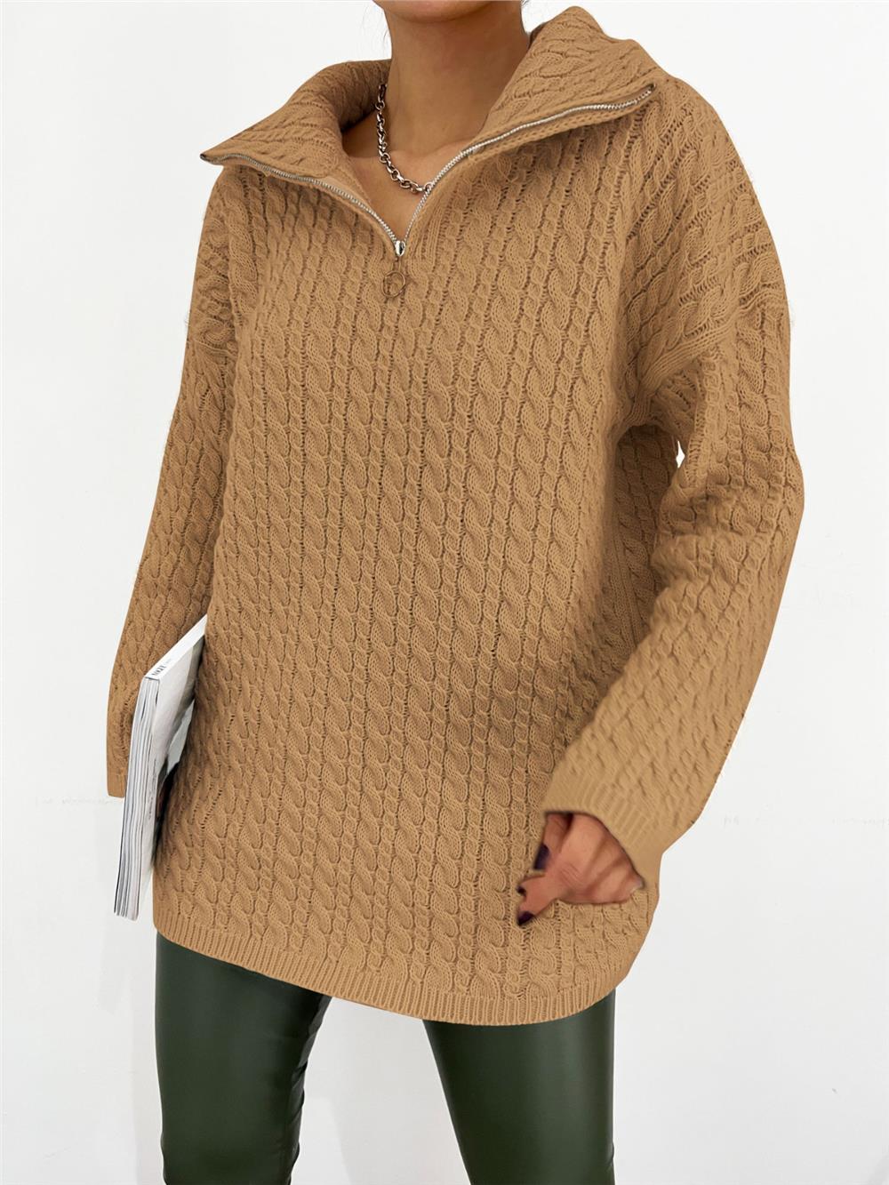 Half Zipper Turtleneck Winter Knitwear Sweater -Mink Color-351-5148-R23