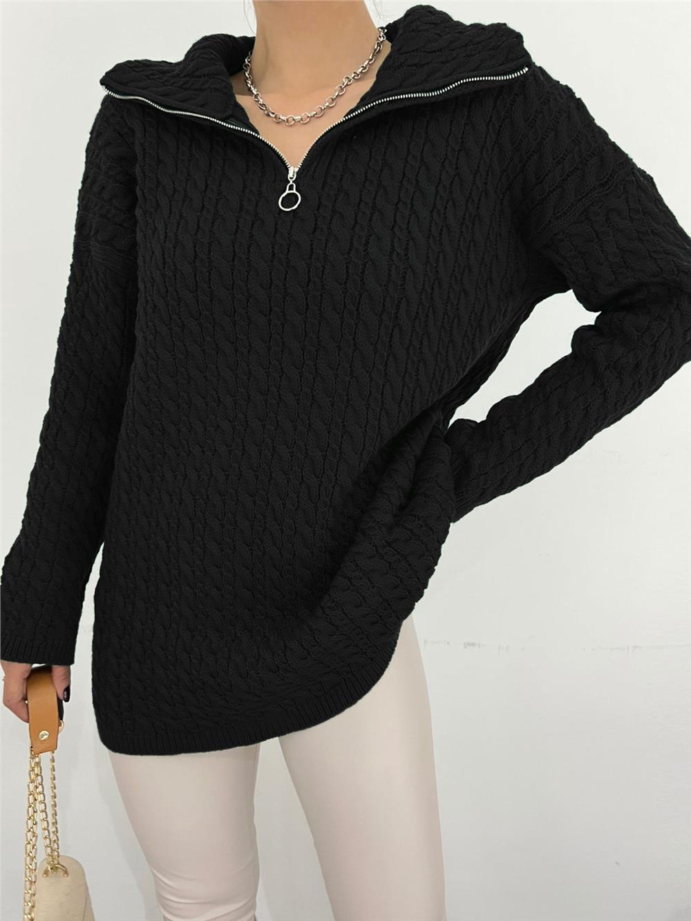 Half Zipper Turtleneck Winter Knitwear Sweater -Black-351-5148-R01