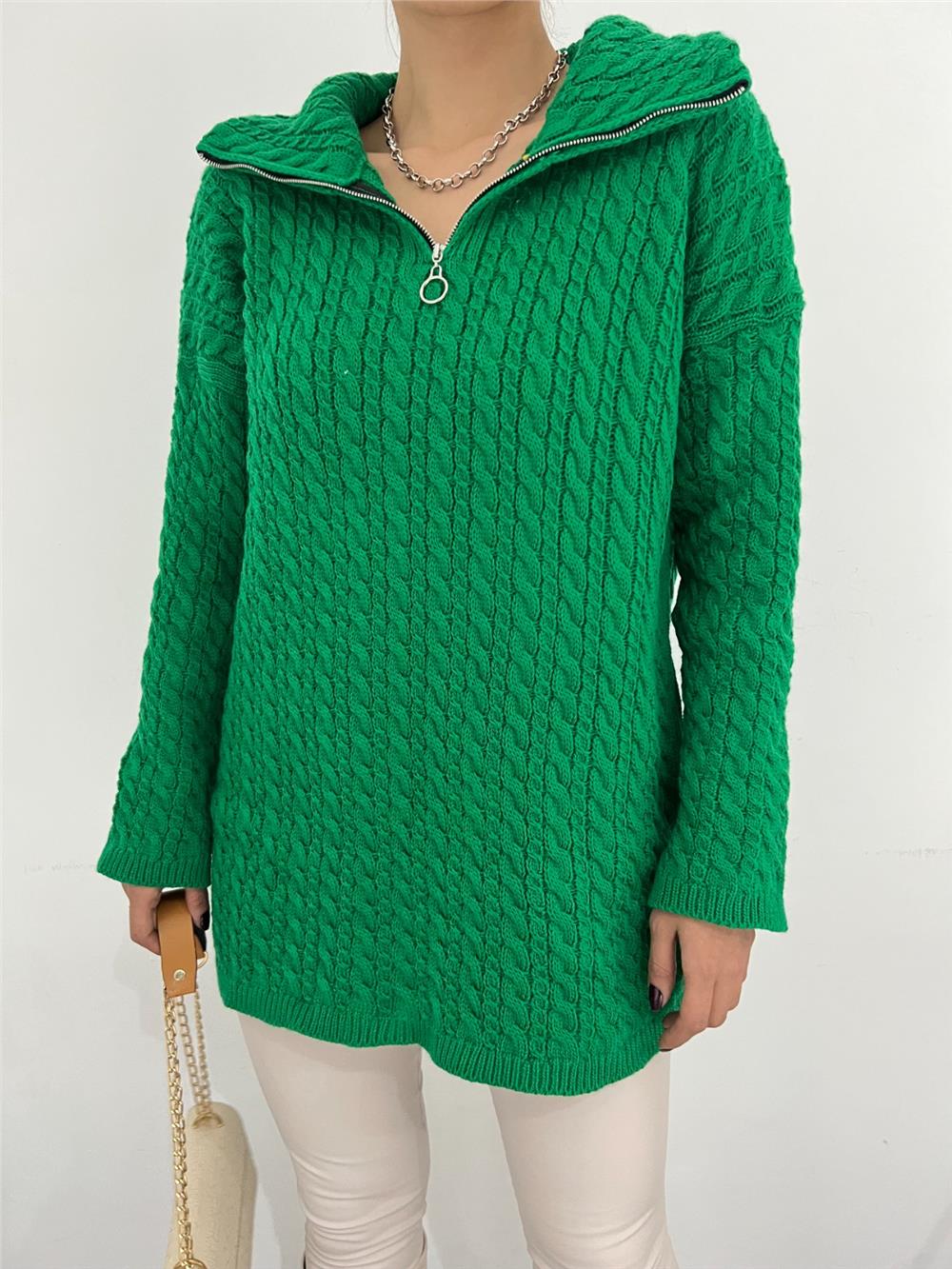 Half Zipper Turtleneck Winter Knitwear Sweater -Emerald-351-5148-R17