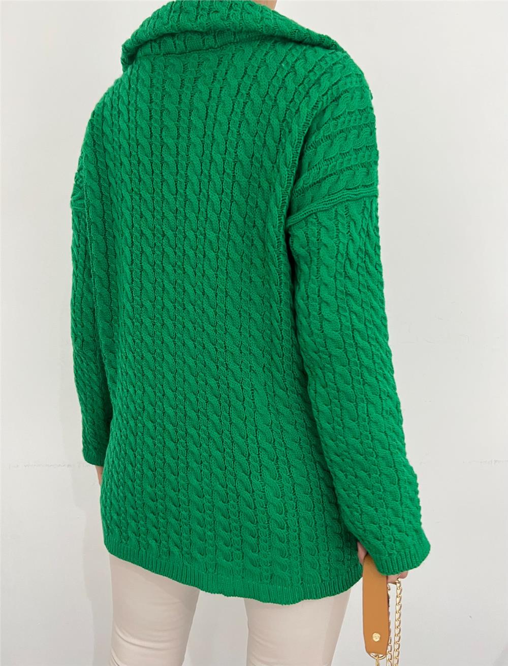 Half Zipper Turtleneck Winter Knitwear Sweater -Emerald-351-5148-R17