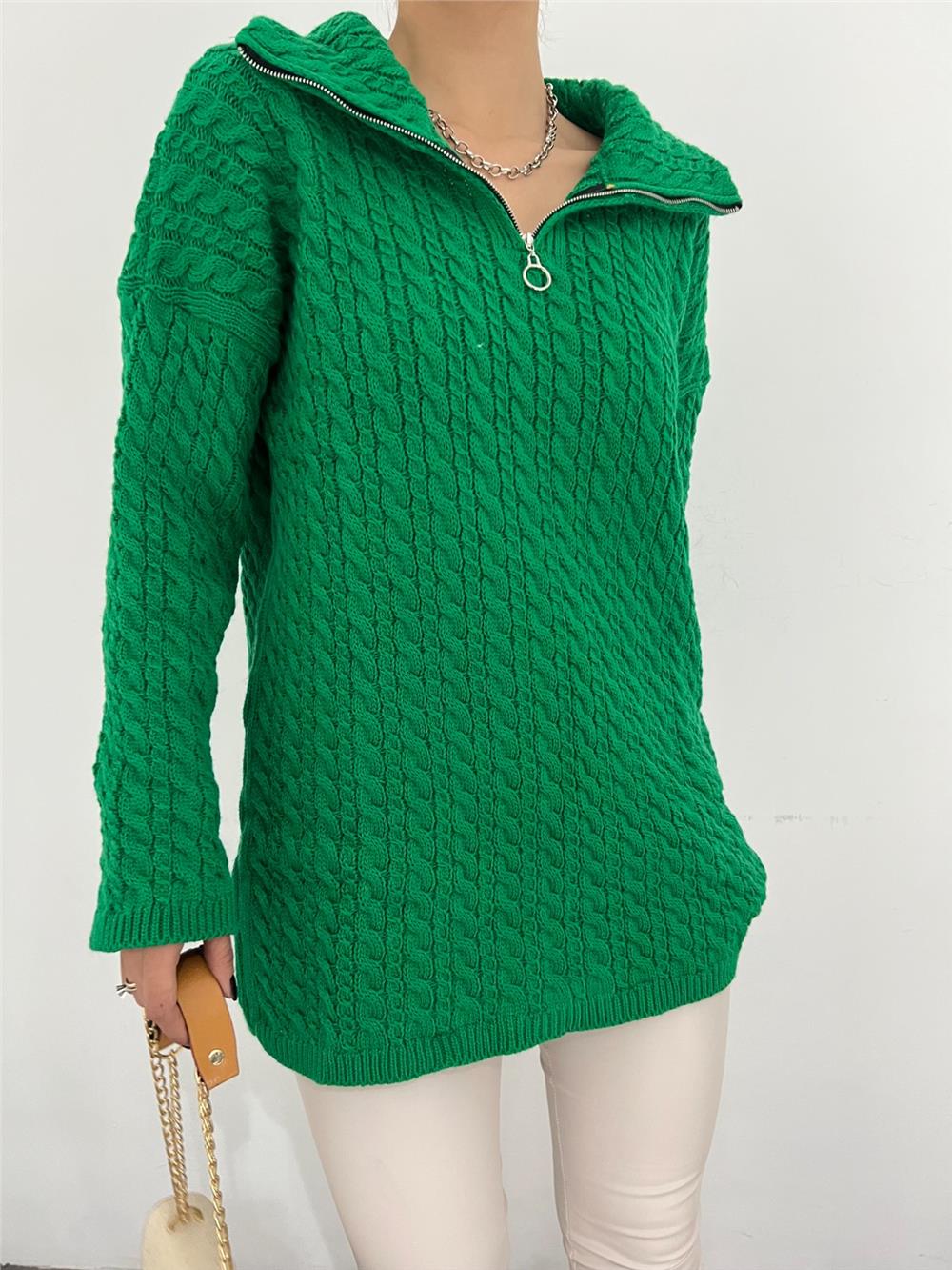 Half Zipper Turtleneck Winter Knitwear Sweater -Emerald-351-5148-R17