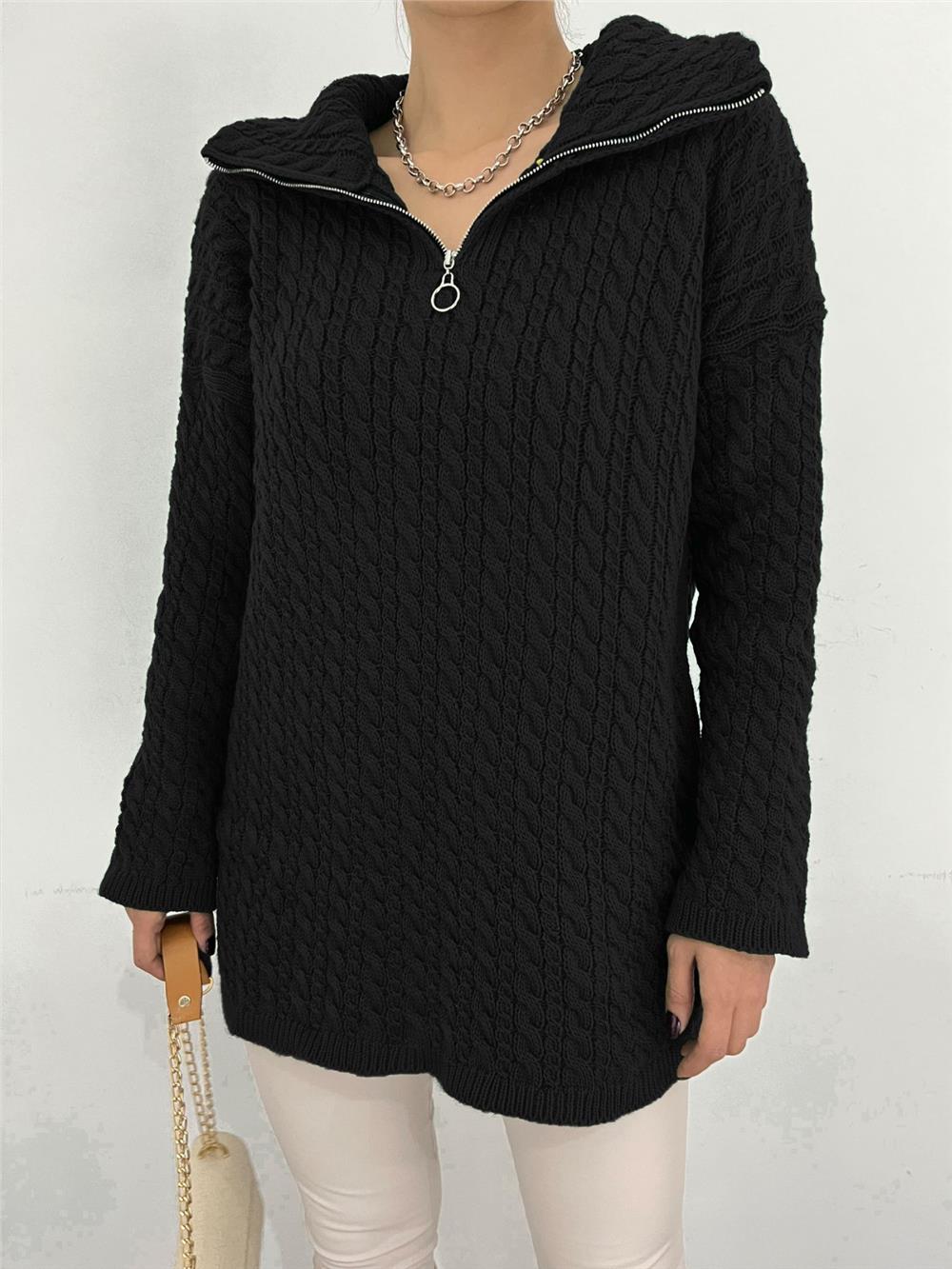 Half Zipper Turtleneck Winter Knitwear Sweater -Black-351-5148-R01
