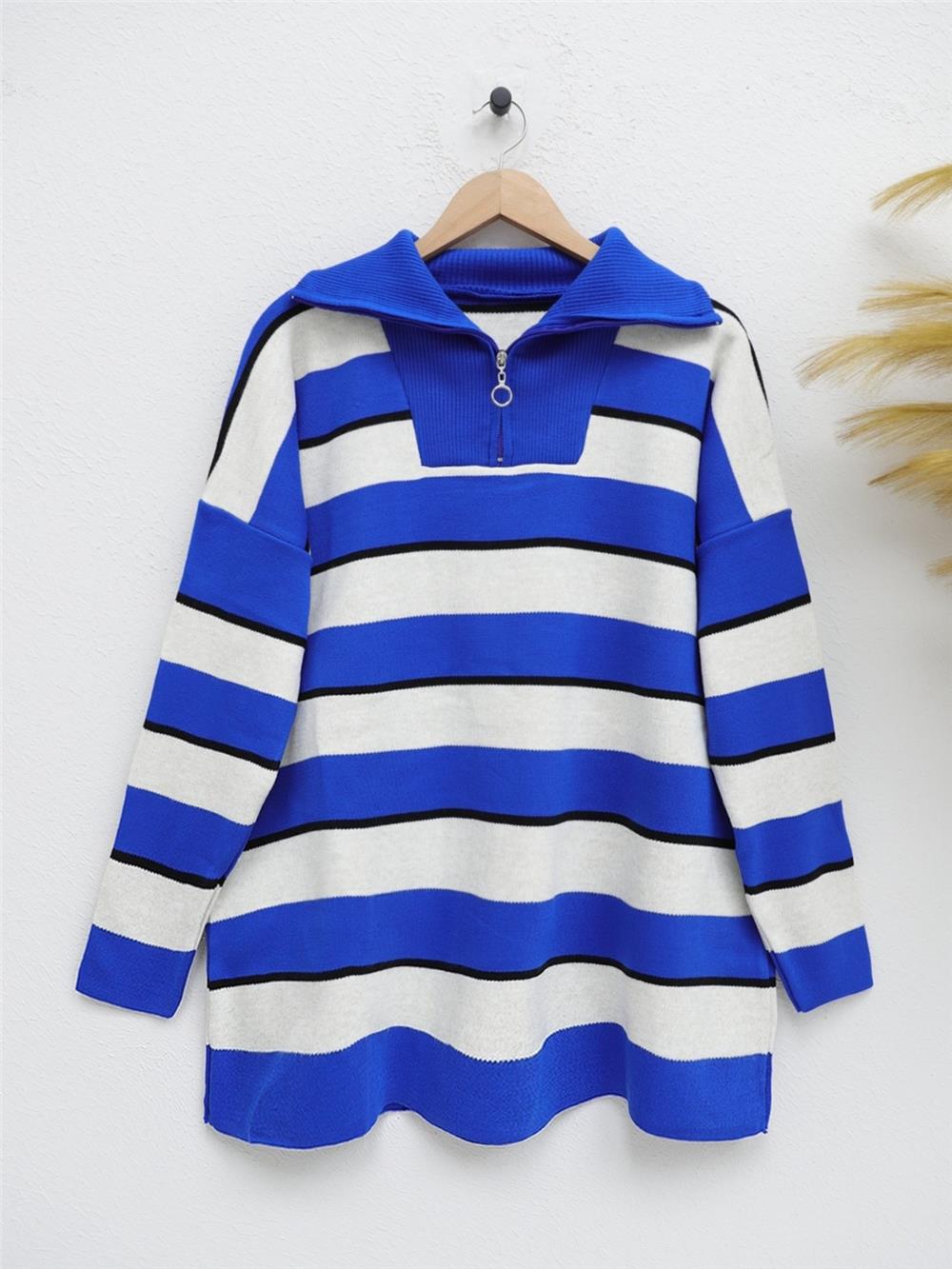 Half Zipper Turtleneck Knitwear Tunic -Sax-357-5210-R10