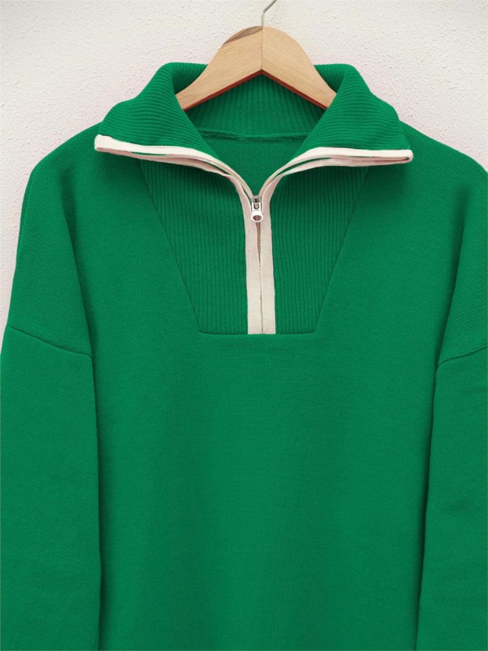 Half Zipper Turtleneck Knitwear Tunic -Green-385-2804-R35