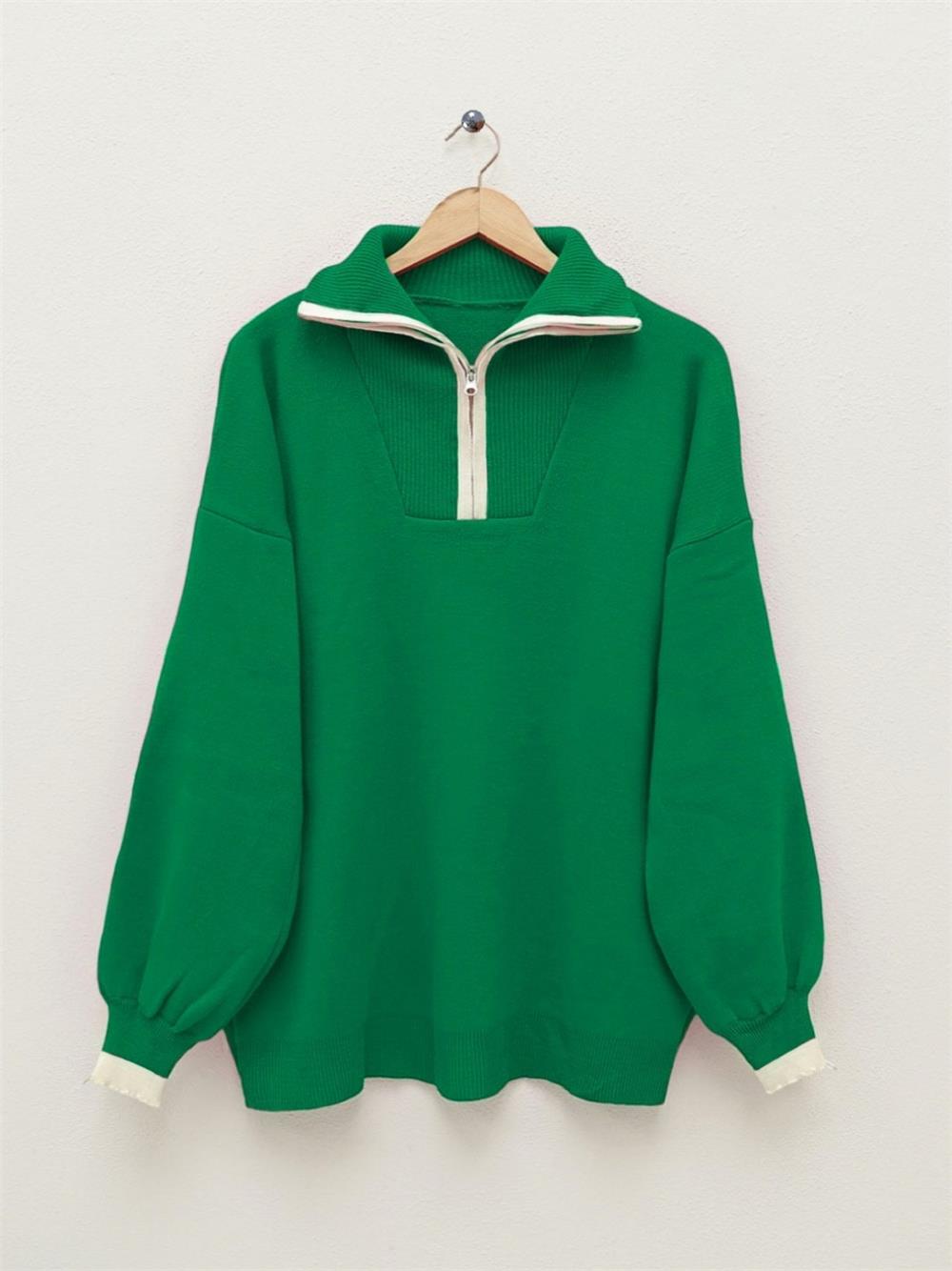 Half Zipper Turtleneck Knitwear Tunic -Green-385-2804-R35