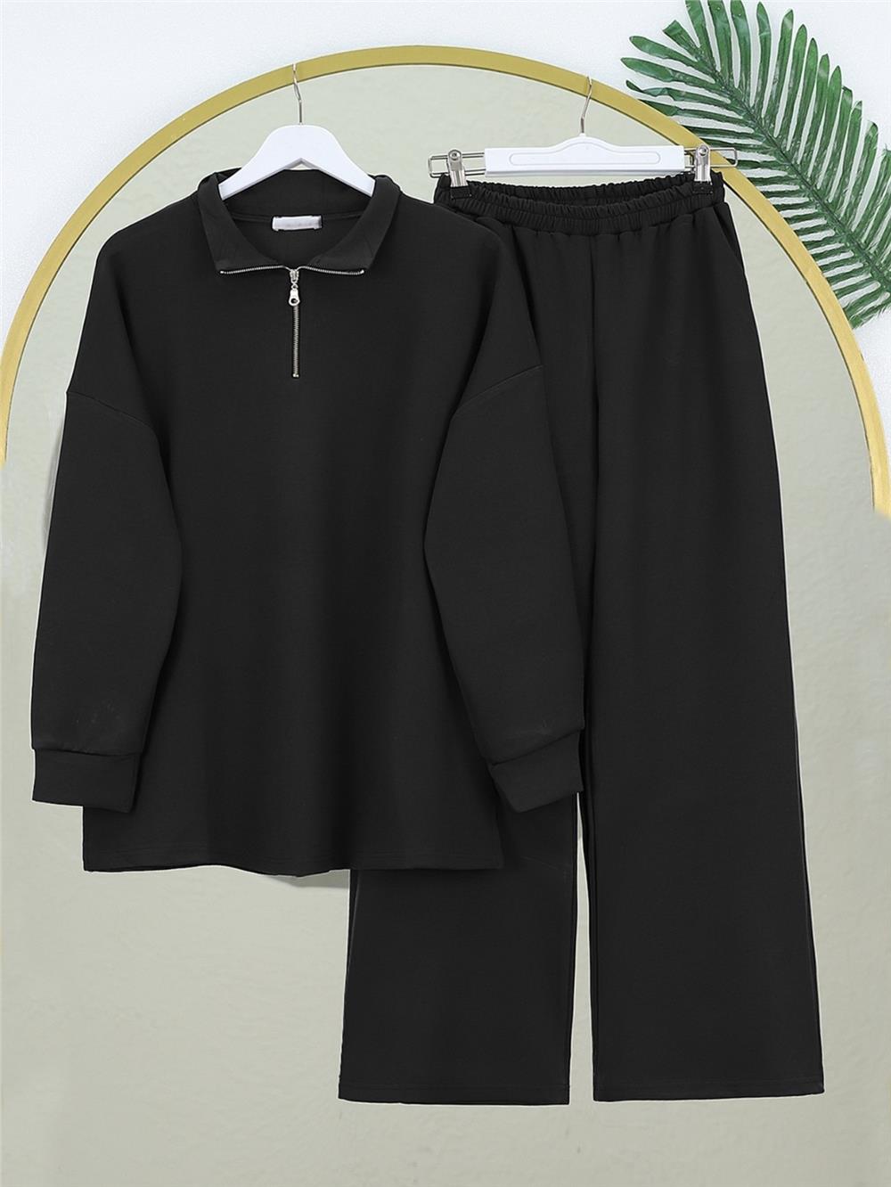 Yarım Fermuarlı Bol Paça Pantolonlu Oysho Takım -Siyah-223-3011-R01