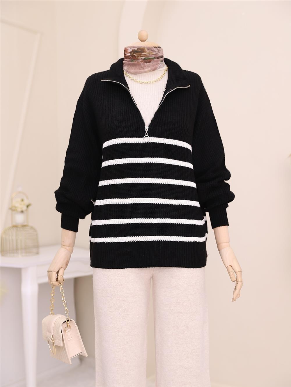 Half Zipper Side Striped Knitwear Sweater -Black-109-0230-R01