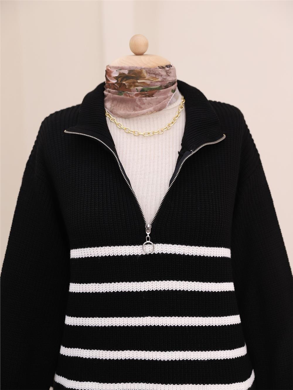 Half Zipper Side Striped Knitwear Sweater -Black-109-0230-R01