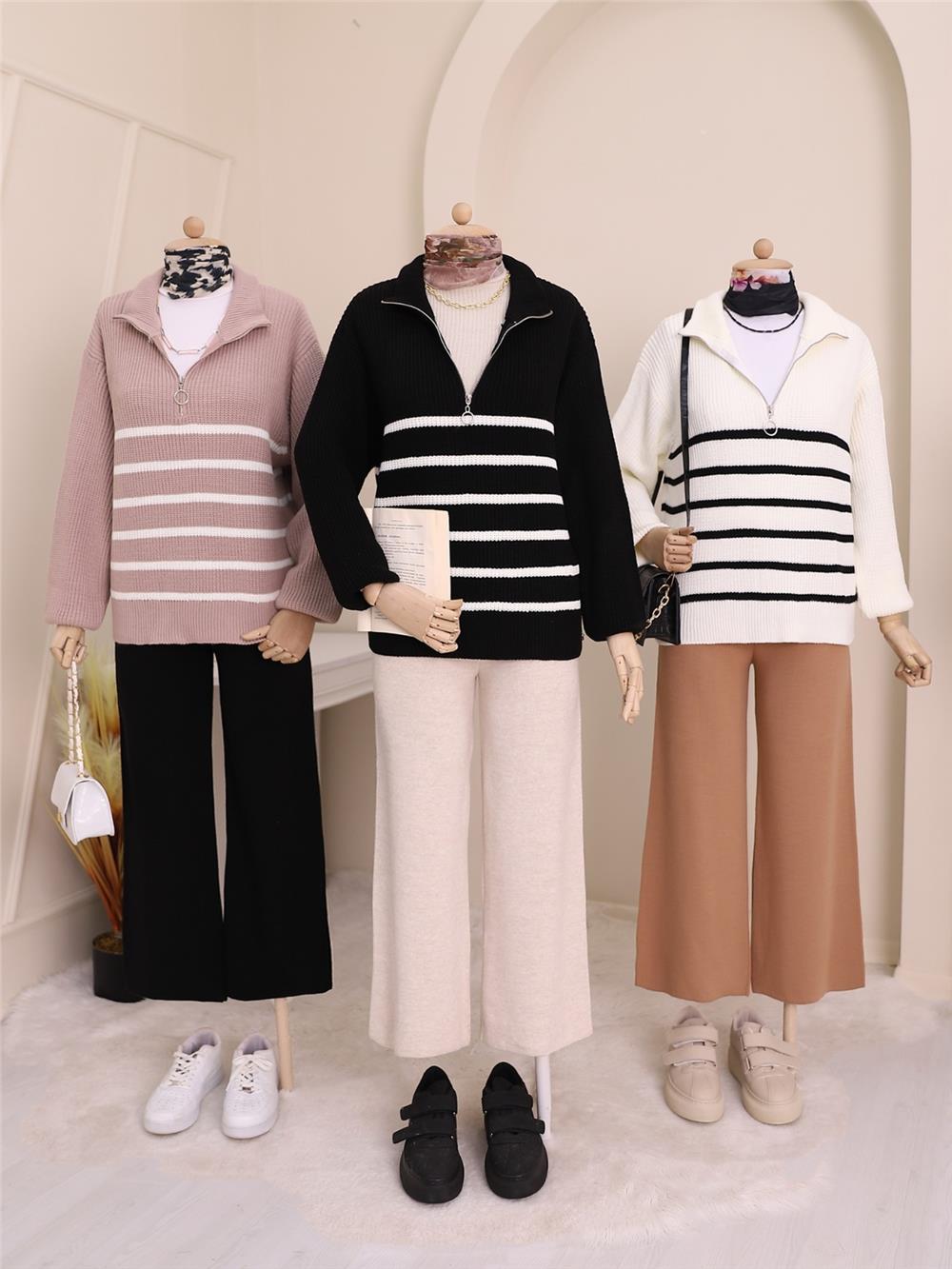 Half Zipper Side Striped Knitwear Sweater -Black-109-0230-R01