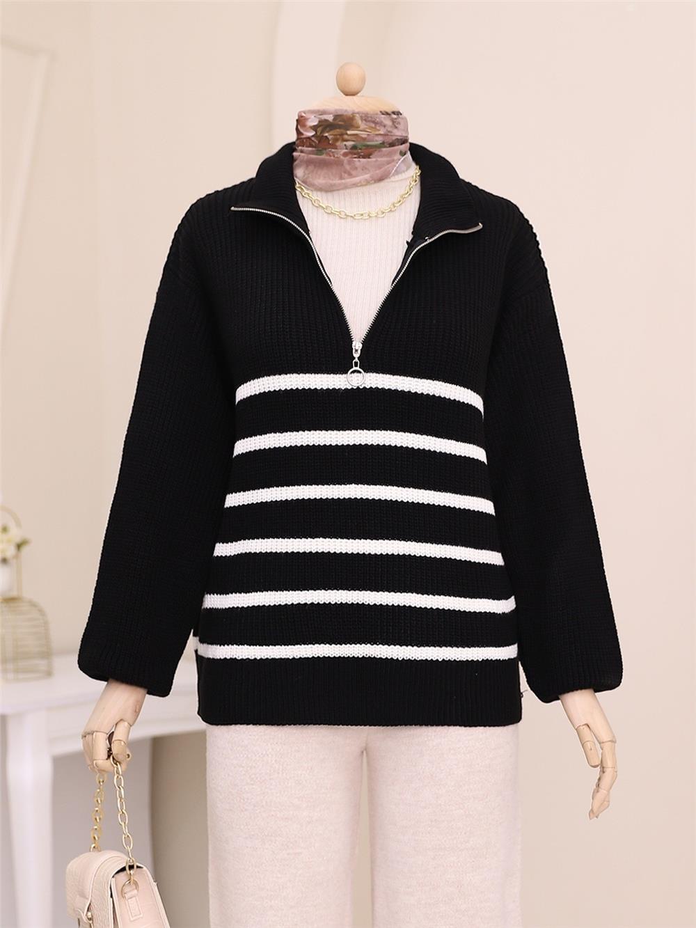 Half Zipper Side Striped Knitwear Sweater -Black-109-0230-R01
