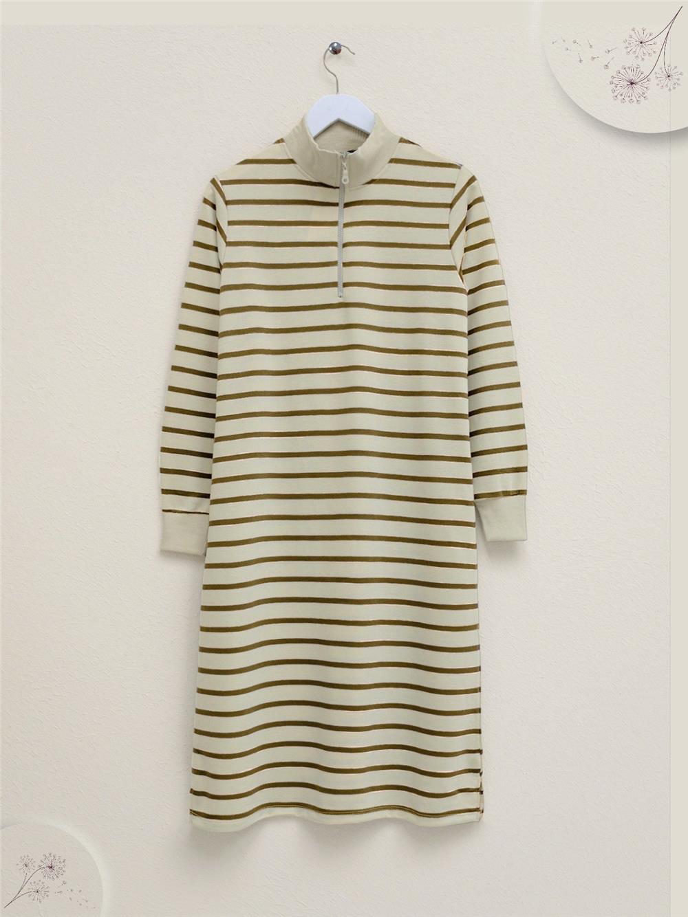 Half Zipper Slit Striped Tunic -Mink-349-4094-R23