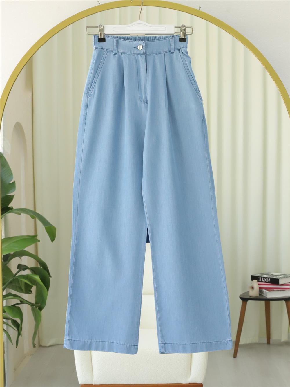 Yarım Lastikli Çift Cepli Bol Paça Kot Pantolon -Açık Mavi-417-16374-R25