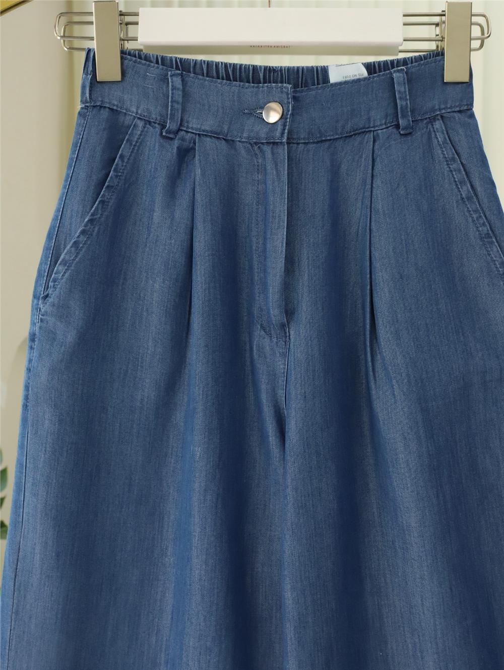 Yarım Lastikli Çift Cepli Bol Paça Kot Pantolon -Koyu Mavi-417-16374-R26