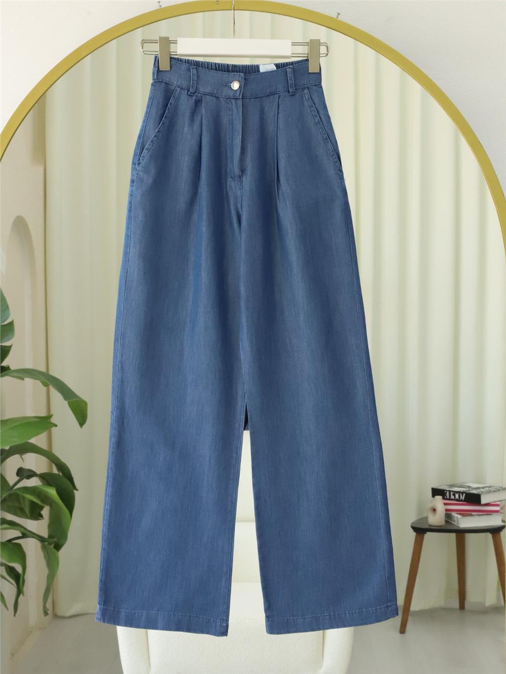 Yarım Lastikli Çift Cepli Bol Paça Kot Pantolon -Koyu Mavi-417-16374-R26