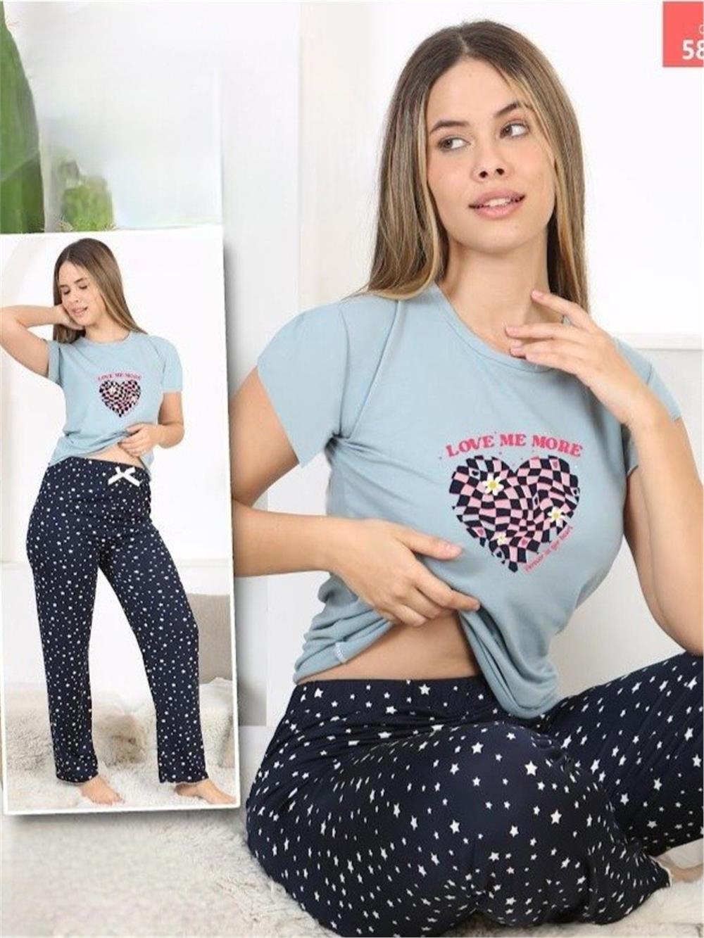 Yıldız ve Kalp Desenli Kısa Kollu Pijama Takımı -Mint-416-58179-R24