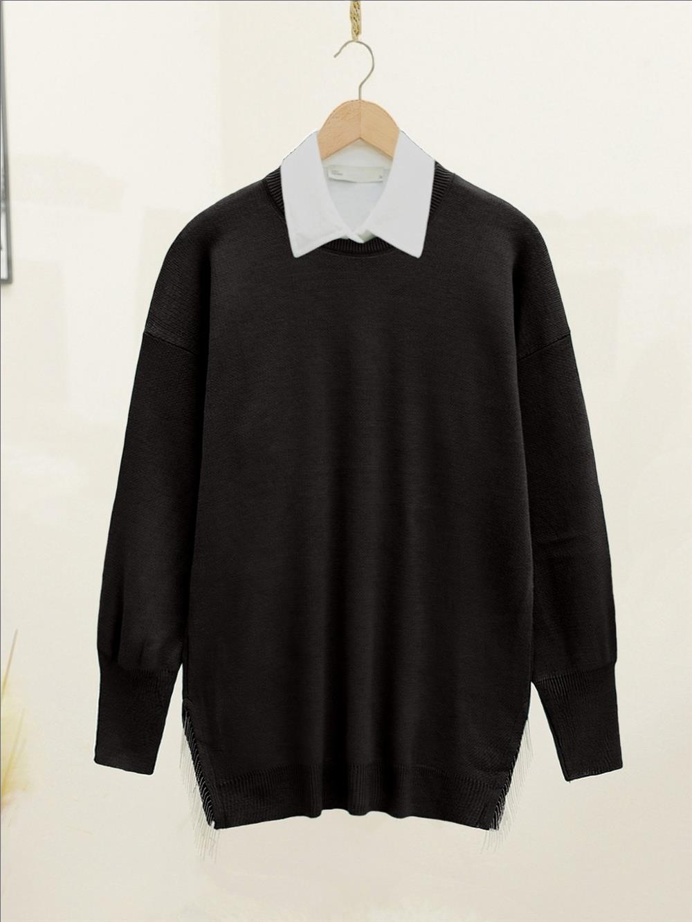 Slit Tassel Knitwear Sweater -Black-280-3009-R01
