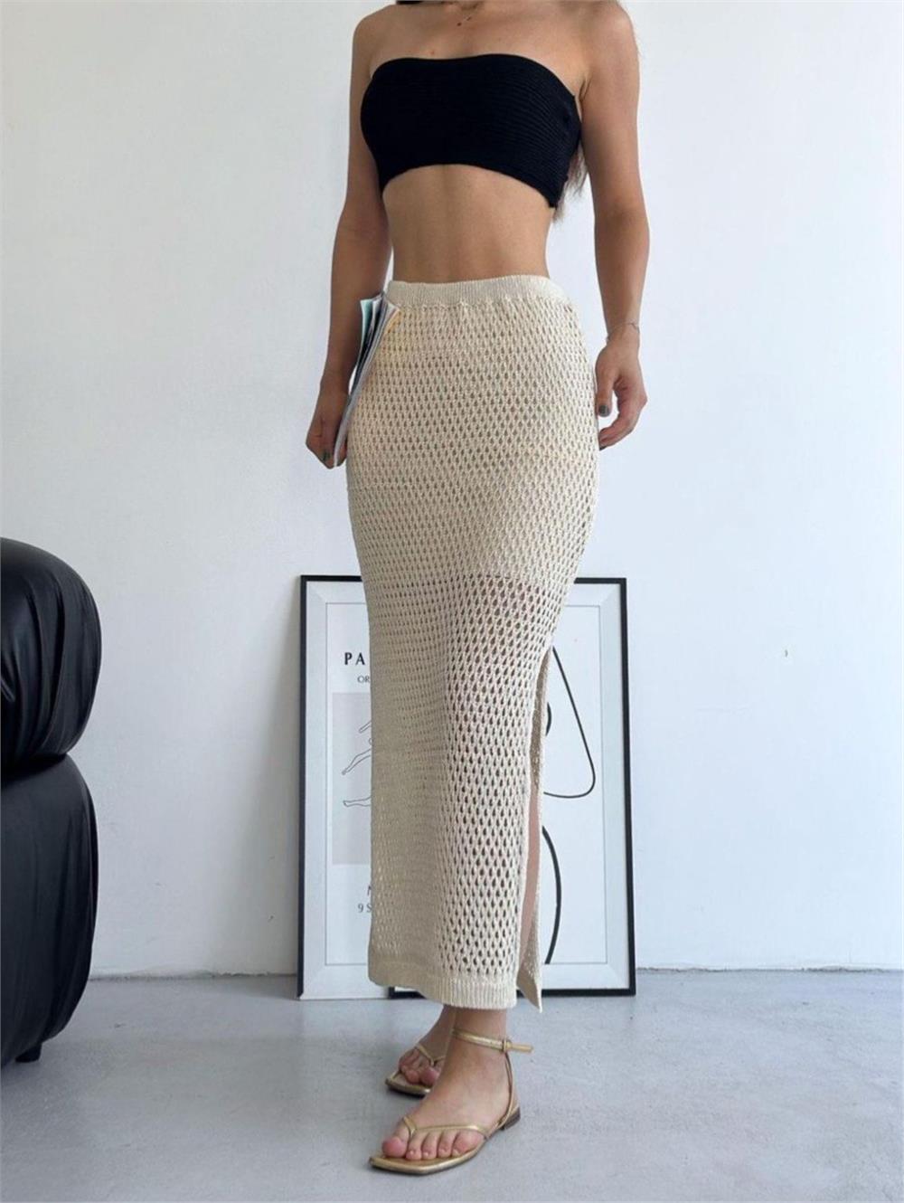 Slit Lined Knitwear Skirt - Cream-286-1041-R28