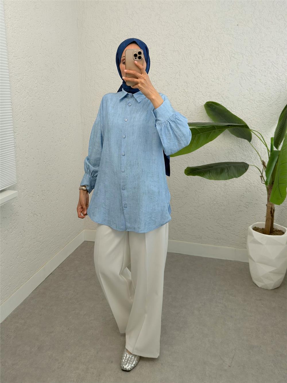 Yırtmaçlı Eteği Oval Kesim Gömlek -Bebe Mavi-398-1011-R32