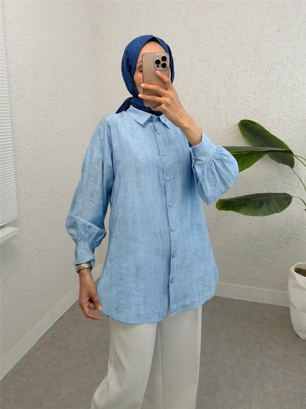 Yırtmaçlı Eteği Oval Kesim Gömlek -Bebe Mavi-398-1011-R32