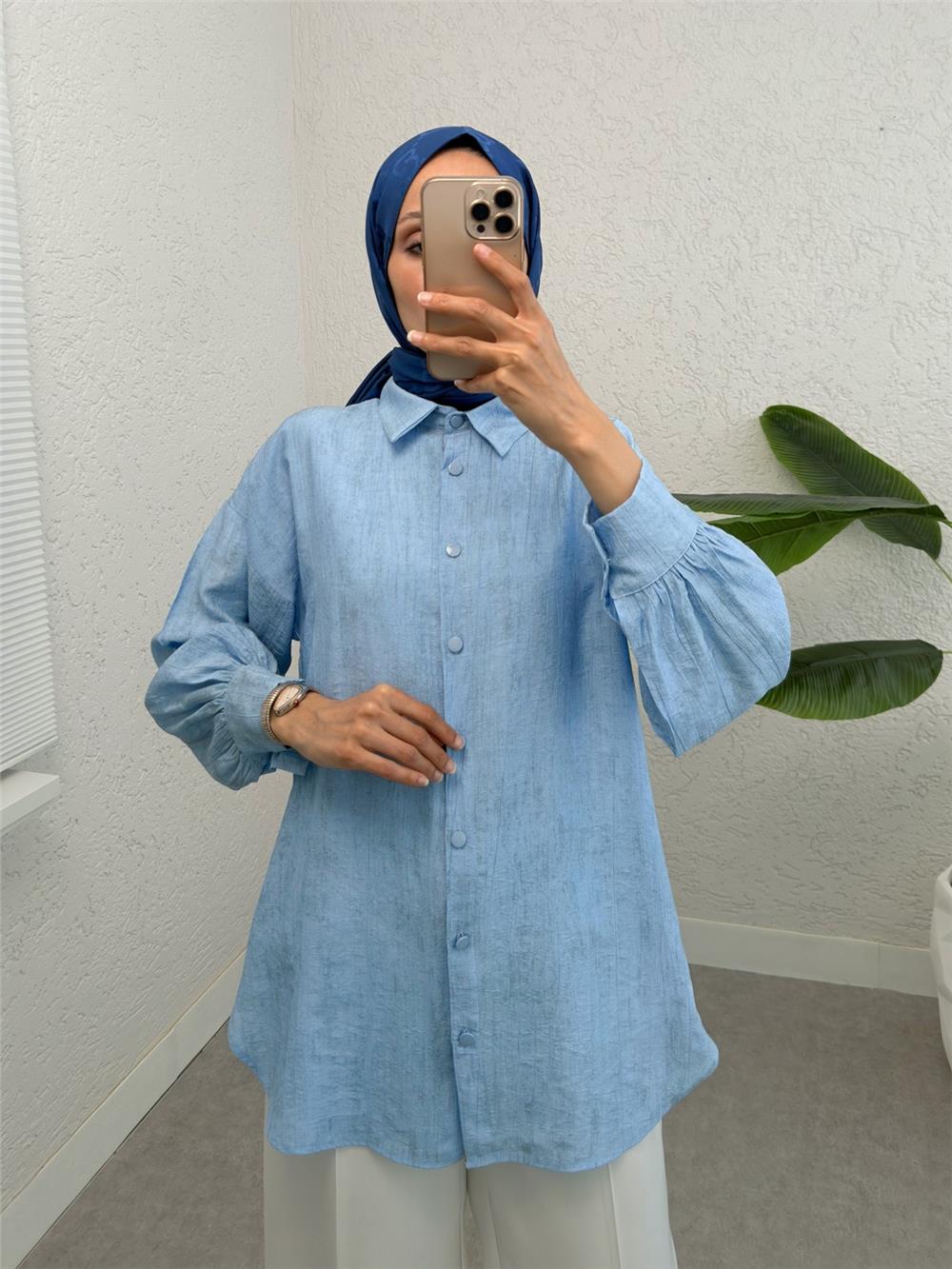 Yırtmaçlı Eteği Oval Kesim Gömlek -Bebe Mavi-398-1011-R32
