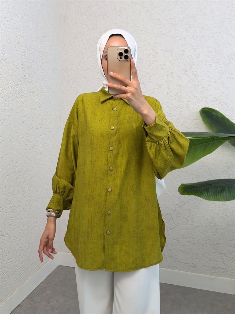 Yırtmaçlı Eteği Oval Kesim Gömlek -Yağ Yeşili-398-1011-R72