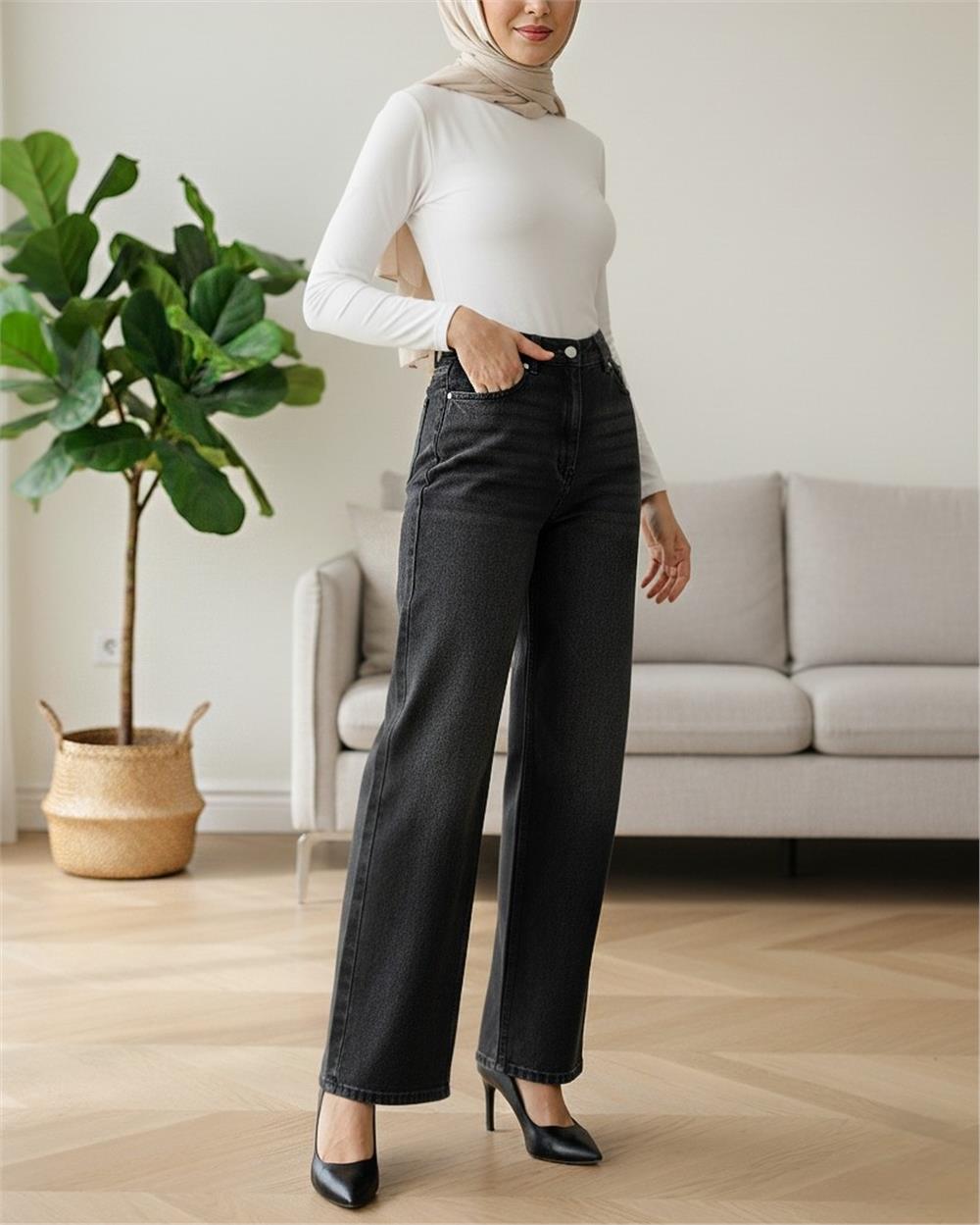 Yüksek Bel Likralı Cepli Bol Paça Kot Pantolon -Siyah-422-6034-R01
