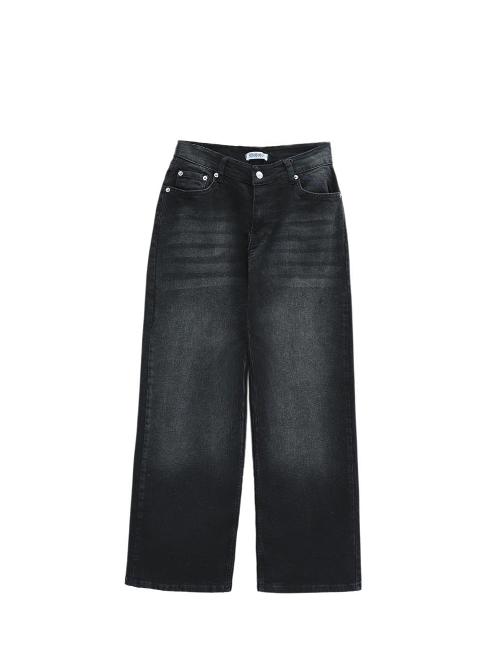 Yüksek Bel Likralı Cepli Bol Paça Kot Pantolon -Siyah-422-6034-R01