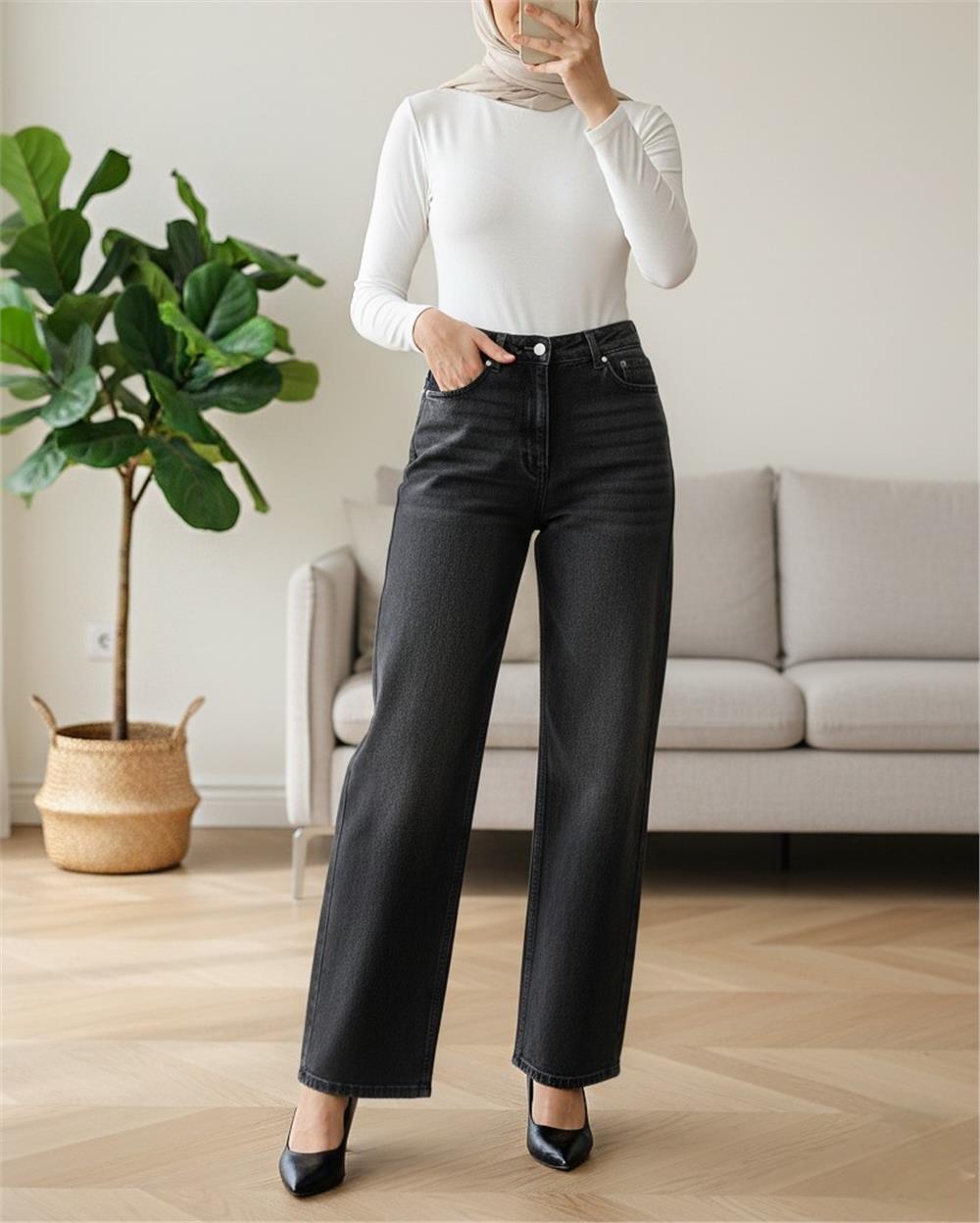 Yüksek Bel Likralı Cepli Bol Paça Kot Pantolon -Siyah-422-6034-R01