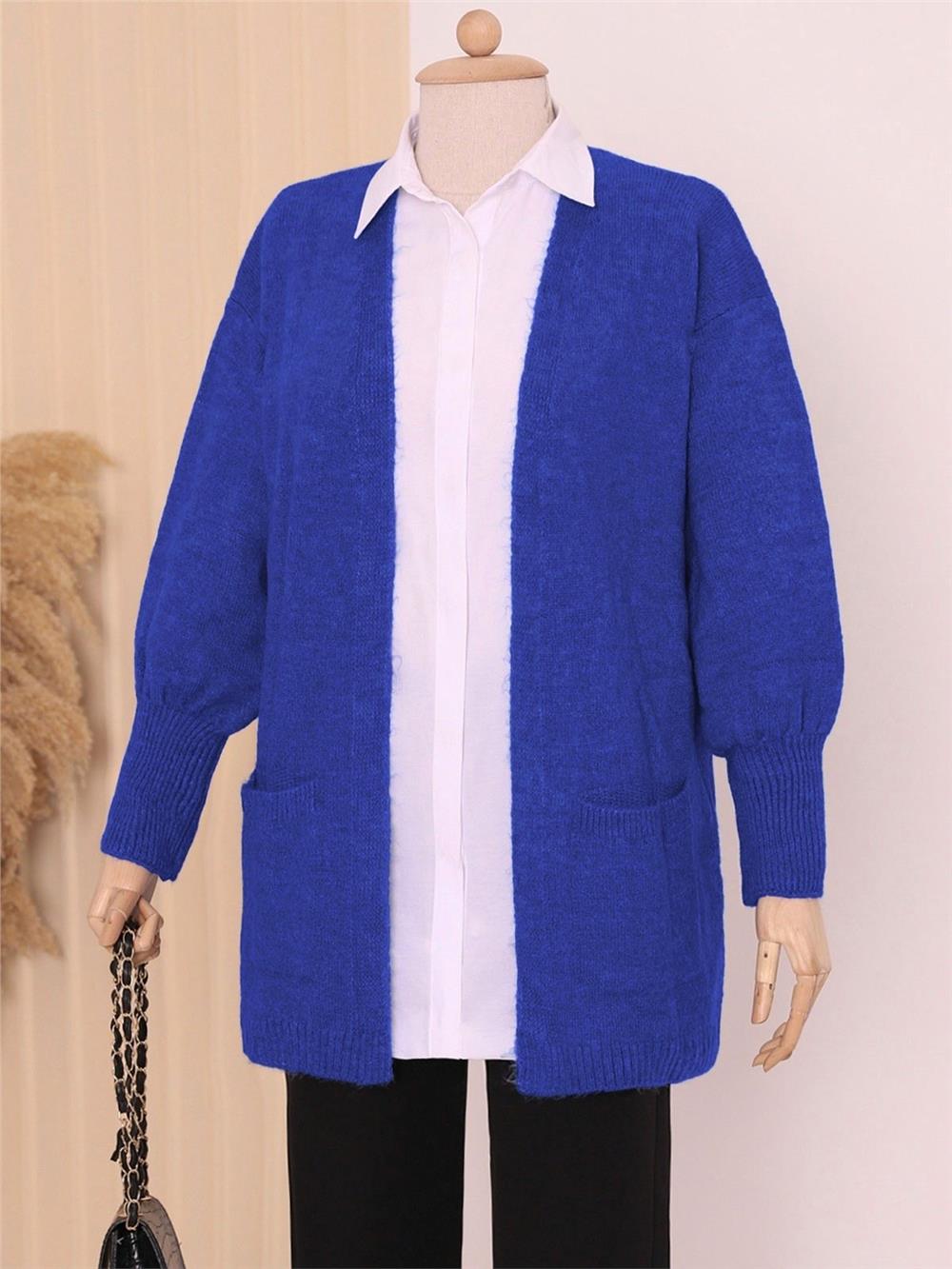 Yumoş Cift Cepli Triko Hırka    -Saks-109-3686-R10