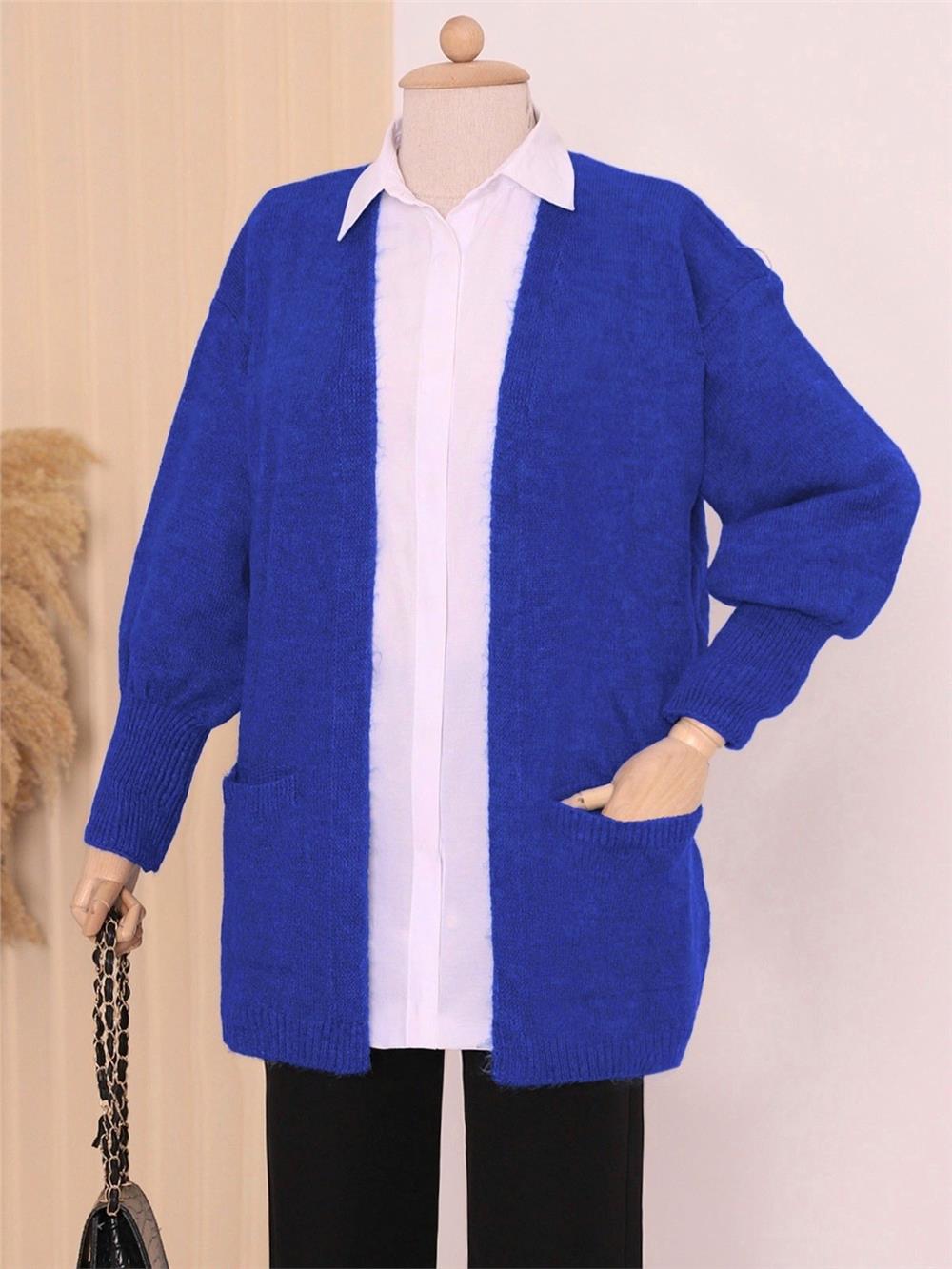 Yumoş Cift Cepli Triko Hırka    -Saks-109-3686-R10