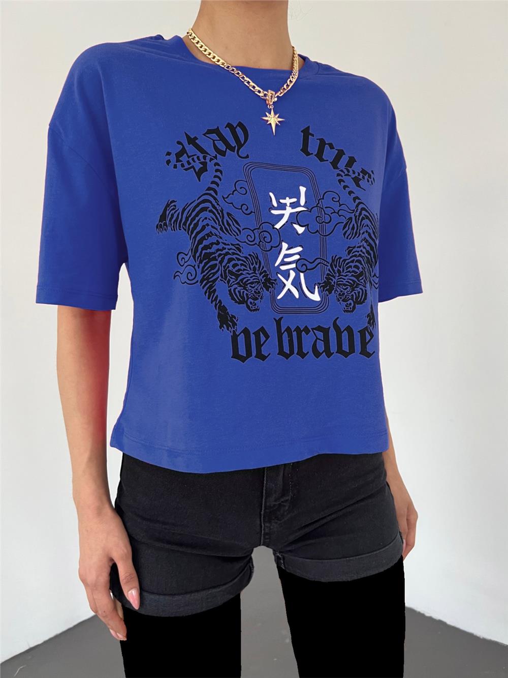 Round Neck Printed Crop T-Shirt - Blue-372-9162-R31