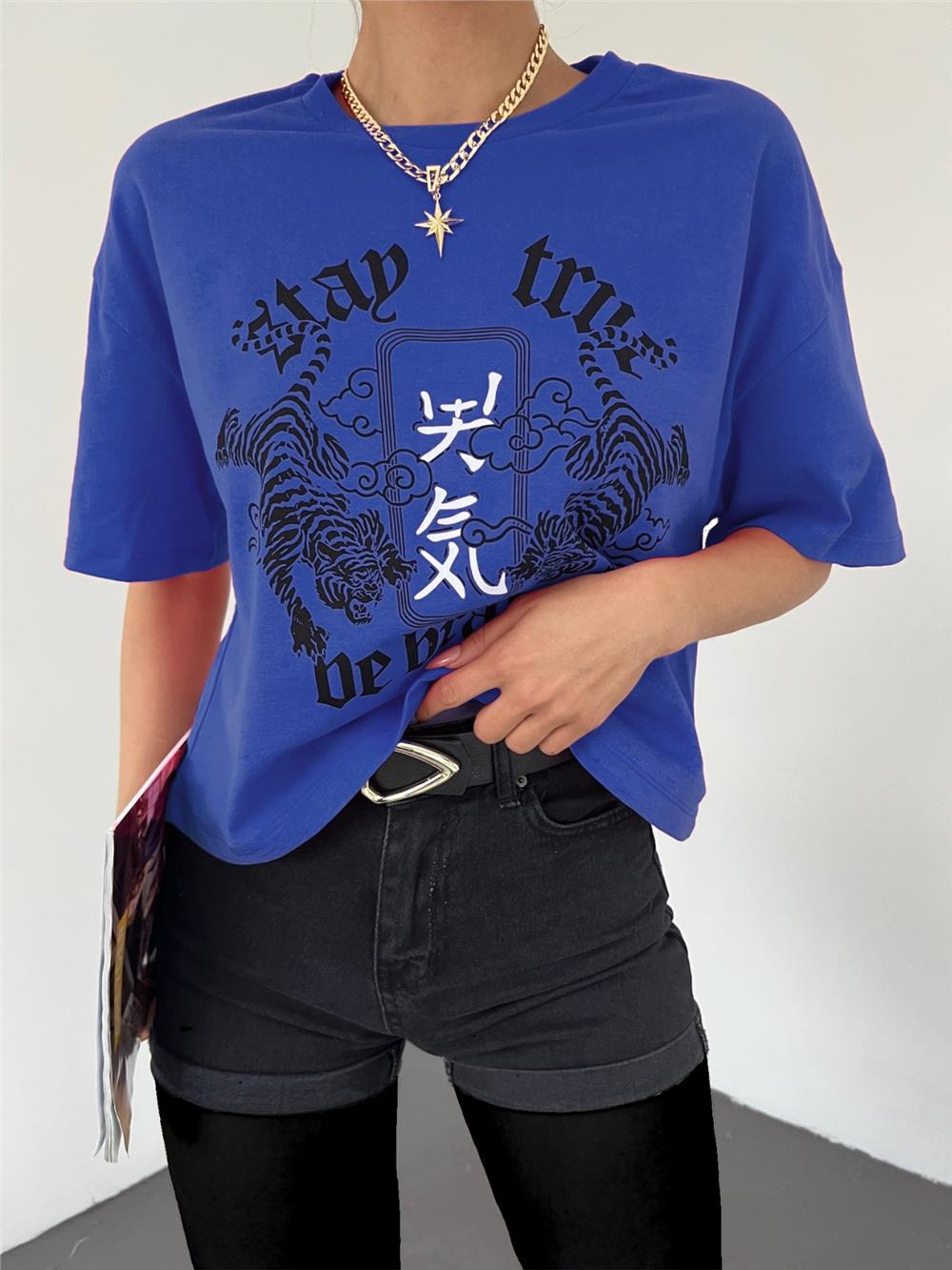 Round Neck Printed Crop T-Shirt - Blue-372-9162-R31
