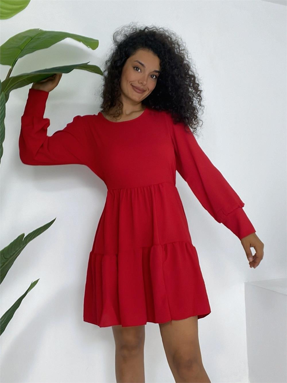 Round Neck, Elastic Waist, Tiered Skirt, Ayrobin Dress - Red-246-3638-R33